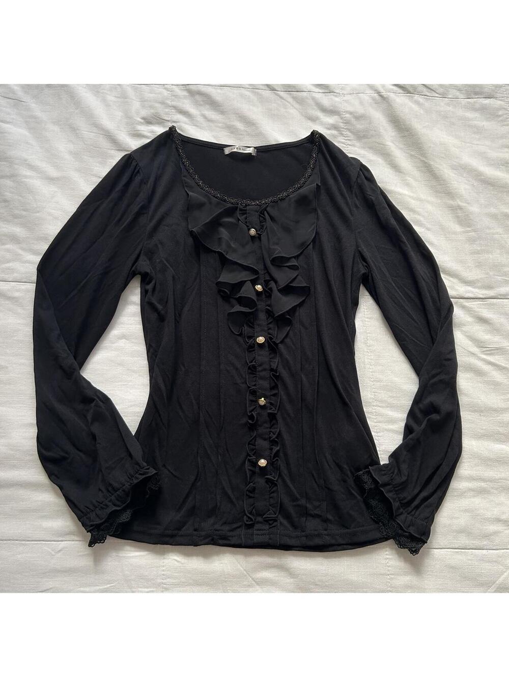 Axes Femme Black Ruffle Lace Blouse Pearl Buttons Medium Japan